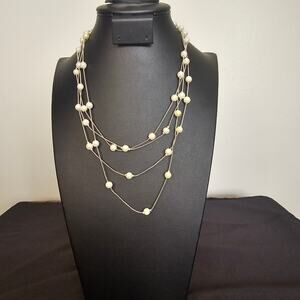 Long Layered Pearl Station Necklace Delicate Gold Tone Chain, Multi-Strand Drape